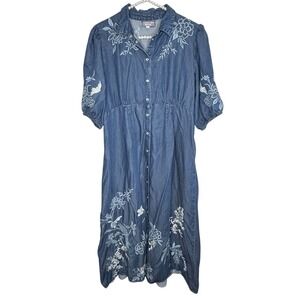Johnny Was Jacqueline Puff Sleeve Shirtdress Large Western Embroider Floral Midi
